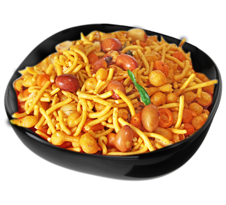 A bowl of Ganga Vilas Special Mixture, which appears to be a spicy snack made of mixed beans and noodles.