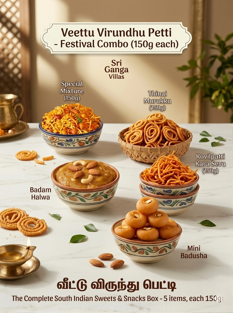 Veettu Virundhu Petti | Badam Halwa 150g + Thinai Murukku 150g + Special Mixture 150g + Badusha 150g + Kovilpatti Kara Sevu 150g